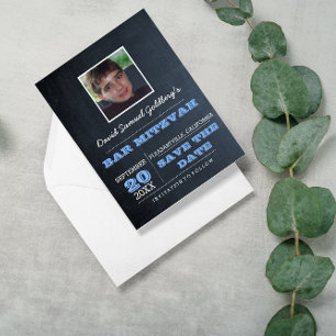 Chalkboard Blue Bar Mitzvah Photo Save the Date Announcement Postcard