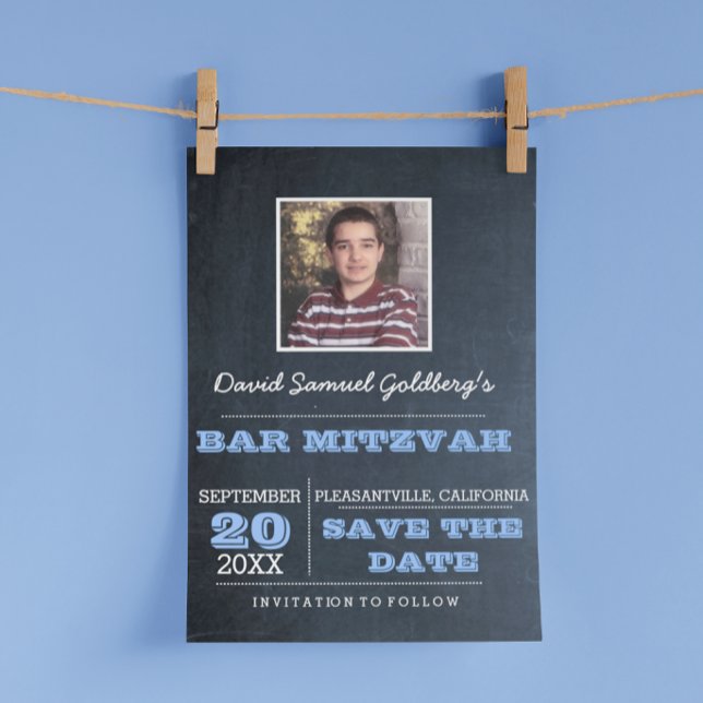 Chalkboard Blue Bar Mitzvah Photo Save the Date Announcement Postcard (Creator Uploaded)