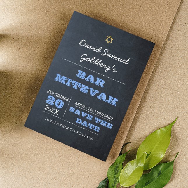 Chalkboard Blue Bar Mitzvah Save the Date Card (Creator Uploaded)