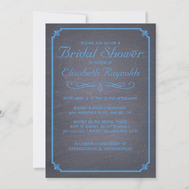 Chalkboard Blue Bridal Shower Invitations (Front)