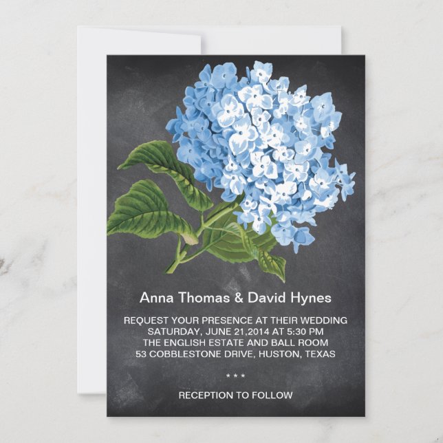 CHALKBOARD BLUE HYDRANGEA PERSONALIZED WEDDING INVITATION (Front)
