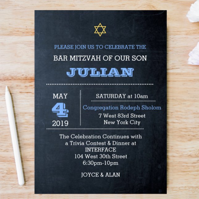 Chalkboard Blue Large Name Bar Mitzvah Invitation (Creator Uploaded)