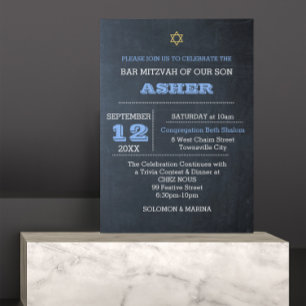 Chalkboard Blue Large Name Bar Mitzvah Invitation