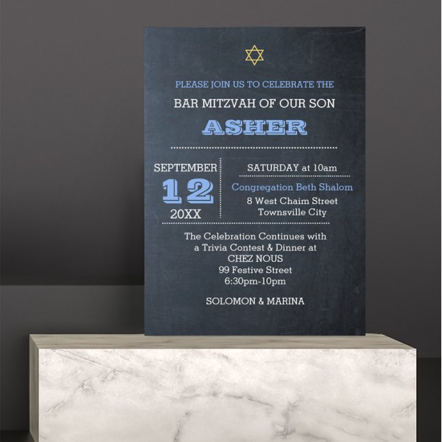 Chalkboard Blue Large Name Bar Mitzvah Invitation (Creator Uploaded)