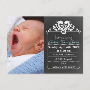 Chalkboard blue new baby boy photo announcement postcard