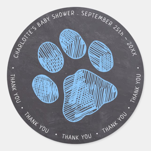 Chalkboard Blue Paw Print Baby Shower Thank You Classic Round Sticker (Front)