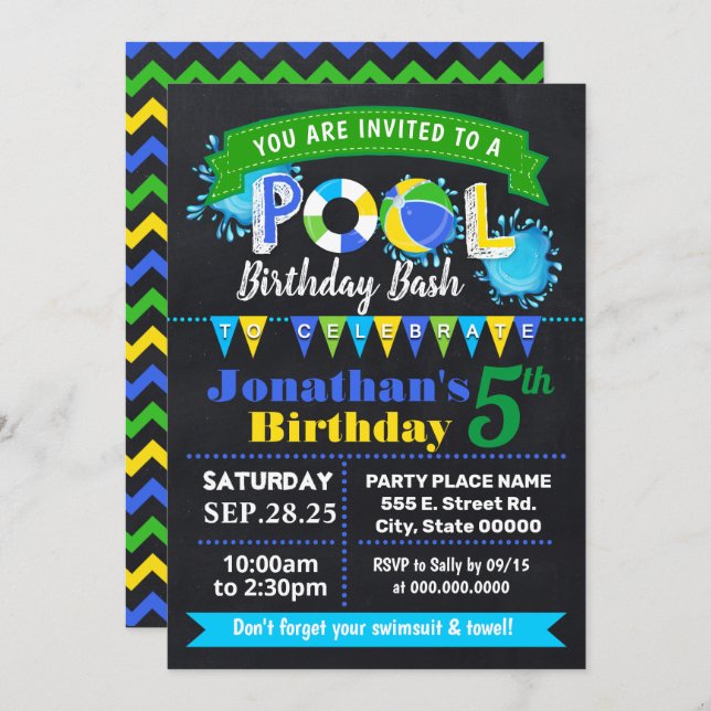 Chalkboard Blue Pool birthday summer bash Invitation (Front/Back)