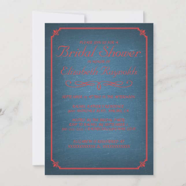 Chalkboard Blue & Red Bridal Shower Invitations (Front)