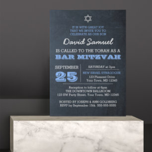 Chalkboard Blue Silver Star of David Bar Mitzvah Invitation