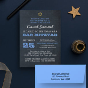 Chalkboard Blue Star of David Bar Mitzvah Invitation