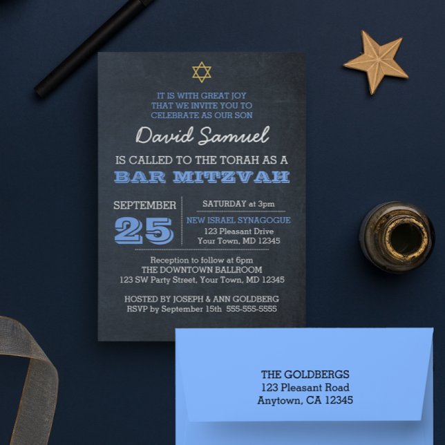 Chalkboard Blue Star of David Bar Mitzvah Invitation (Creator Uploaded)