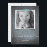 Chalkboard Blue Washi Tape Hanukkah Photo Card<br><div class="desc">This rustic chalkboard style invitation is made exclusively for Zazzle and is perfect for a nostalgic yet modern seasonal greeting. Printed “washi” tape in blue accent your photo with white script typography printed on a chalkboard background. Add an Envelopments Holiday Stamp from our extensive postage collection to match perfectly with...</div>