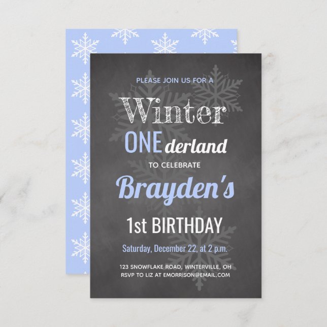 Chalkboard Blue Winter Onederland 1st Birthday Invitation (Front/Back)