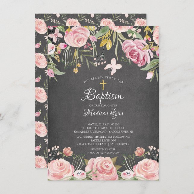 Chalkboard Blush Pink Floral Baptism Invitation (Front/Back)
