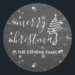 Chalkboard bokeh Christmas tree script Christmas Classic Round Sticker<br><div class="desc">Chalkboard bokeh Christmas tree script Christmas design.</div>