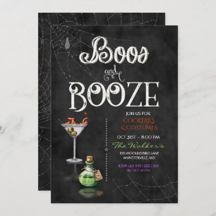 Chalkboard Boos & Booze Halloween Cocktail Party Invitation