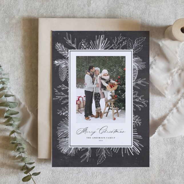 Chalkboard Botanical Frame Photo Christmas Holiday Card (Creator Uploaded)
