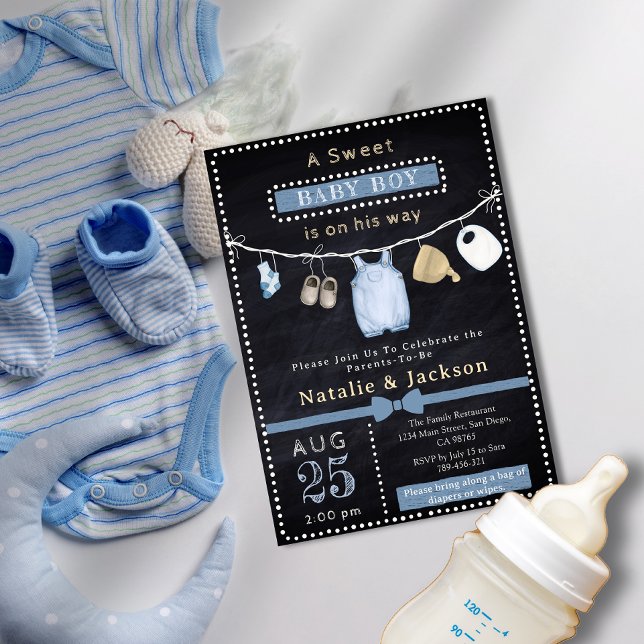 Chalkboard Boy Clothes Baby Shower Invitation (Chalkboard Boy Clothes Baby Shower Invitation)