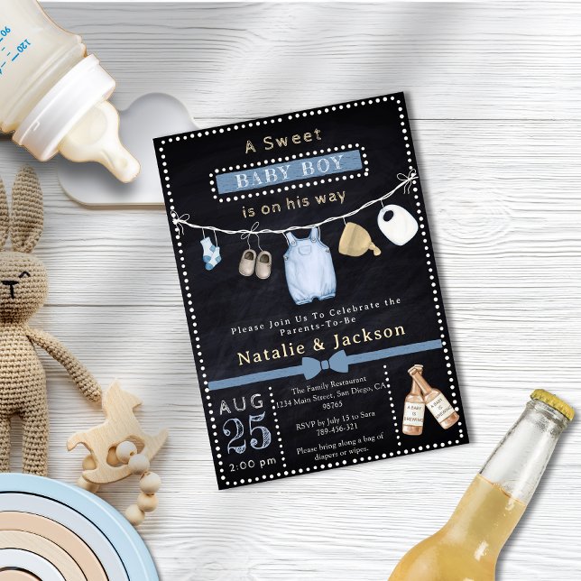 Chalkboard Boy Clothes Beer Baby Shower Invitation (Chalkboard Boy Clothes Beer Baby Shower)
