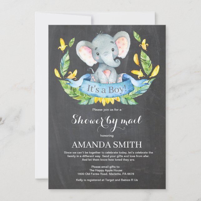 Chalkboard Boy Elephant Baby Shower by Mail Invitation (Front)