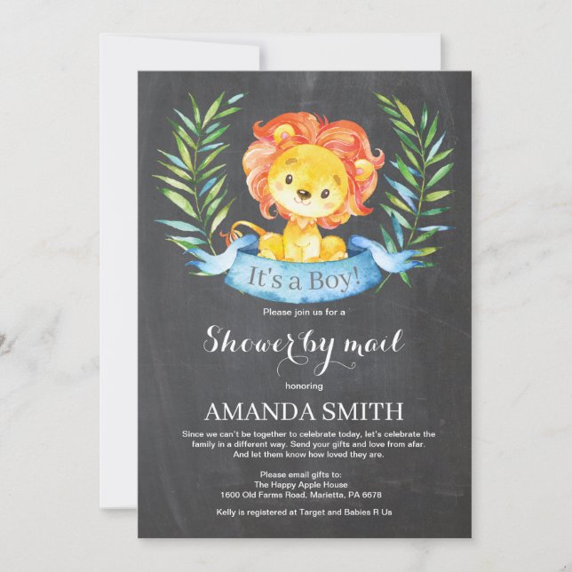 Chalkboard Boy Lion Baby Shower by Mail Invitation (Front)