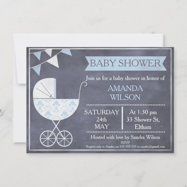 Chalkboard Boys Pram Baby Shower Invitation (Front)