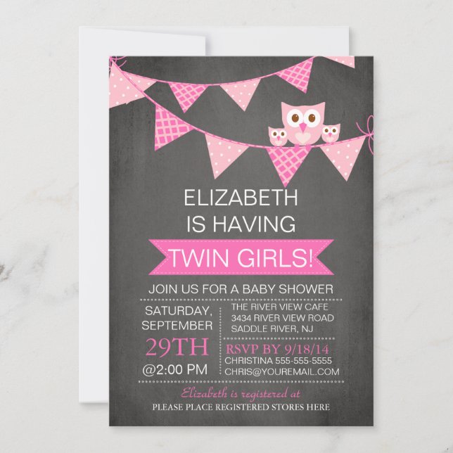 Chalkboard Bunting Owl TWIN GIRLS Baby Shower Invitation (Front)