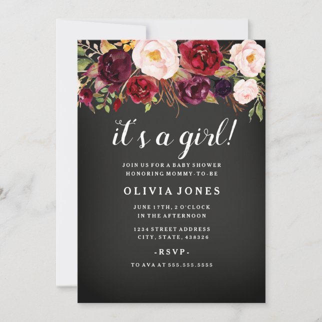 Chalkboard Burgundy Floral Baby Shower Invitation (Front)
