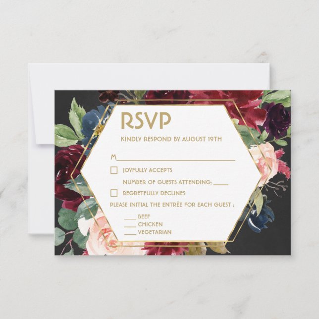 Chalkboard Burgundy Navy Gold Floral Boho Wedding RSVP Card (Front)