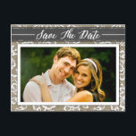 Chalkboard Burlap & Lace Photo Save the Date Cards<br><div class="desc">Chalkboard Burlap & Lace Photo Save the Date Cards - feature a burlap and lace background with a chalkboard printed band with Save the Date on top. Save the Date is in an elegant script for added rustic or country decor. Change the demo couple to a picture of your choice....</div>