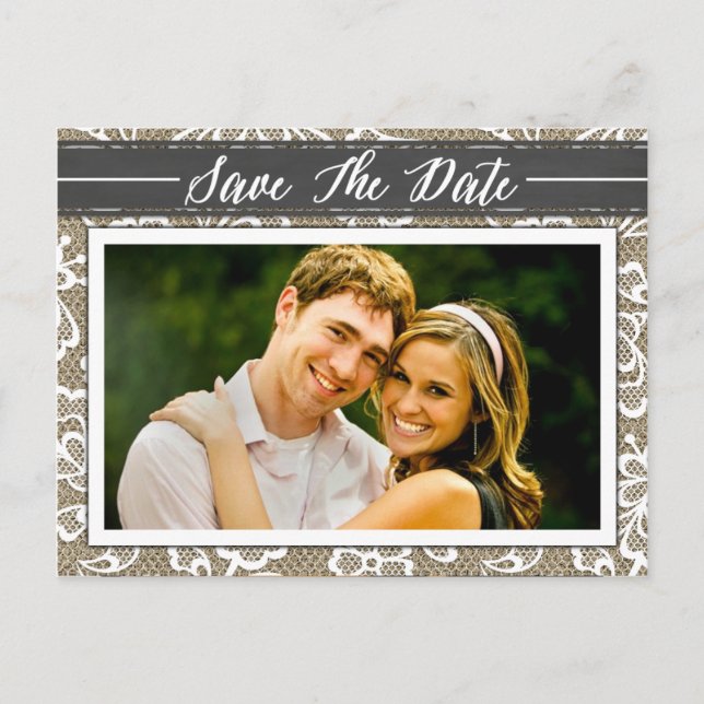 Chalkboard Burlap & Lace Photo Save the Date Cards (Front)