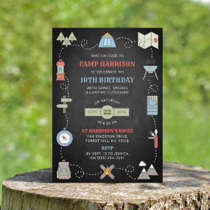 Chalkboard Camping Birthday Party Invitations