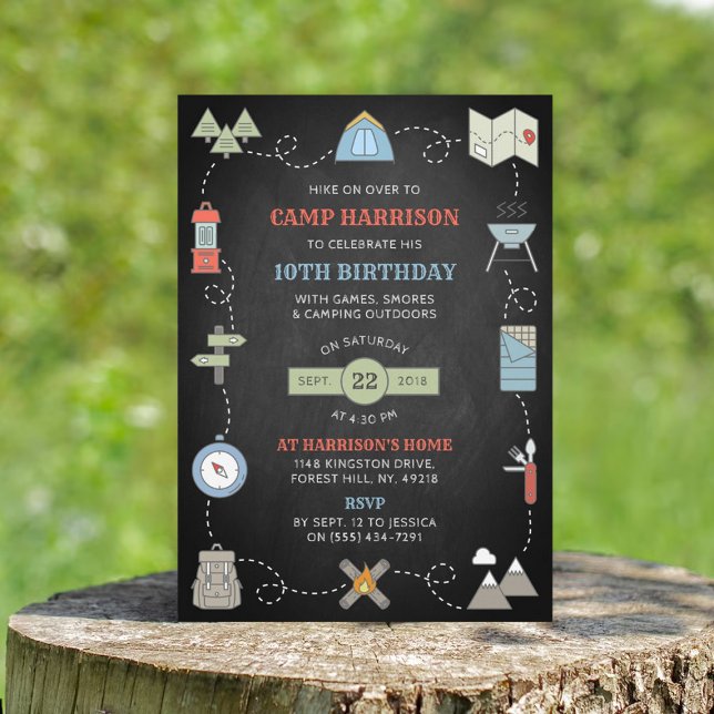 Chalkboard Camping Birthday Party Invitations (Creator Uploaded)