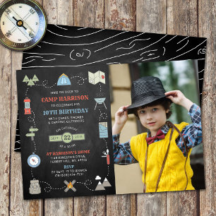 Chalkboard Camping Photo Any Age Birthday Invitation