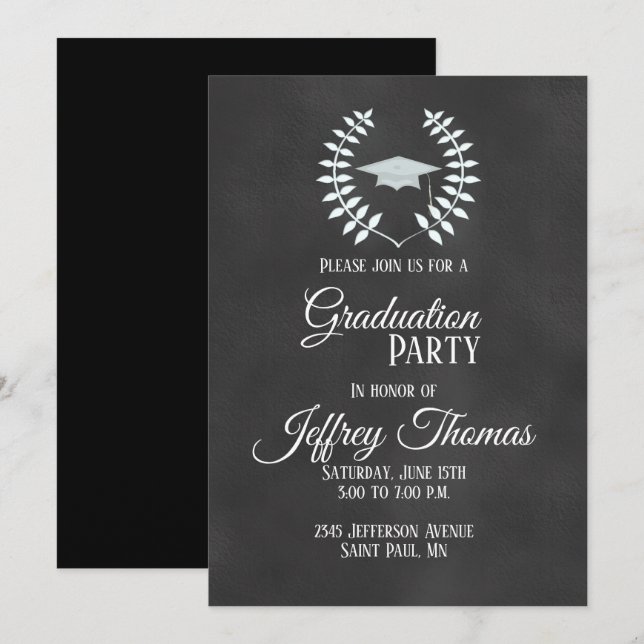 Chalkboard Cap & Leaves Grad Invitation 5" x 7" (Front/Back)