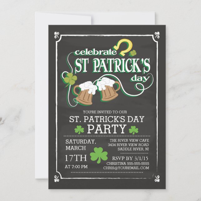 Chalkboard Celebrate St Patrick's Day Dinner Party Invitation (Front)