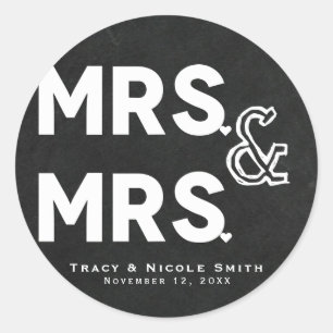 Chalkboard Chalk Mrs. & Mrs. Wedding Engagement Classic Round Sticker