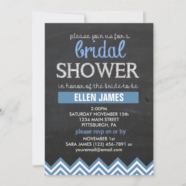 Chalkboard Chevron Bridal Shower Blue Invitation (Front)