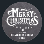 Chalkboard Christmas Black White Personalised Classic Round Sticker<br><div class="desc">Black chalkboard background and vintage Merry Christmas text is surrounded by holly and snowflakes. A row of ornaments hangs from Christmas. The ornaments are shaped as a snowflake, candy cane and traditional ornaments. Your family name and the year is placed below. Country or vintage theme wrapping and Christmas card mailings....</div>