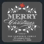 Chalkboard Christmas Holly Wreath Address Stickers<br><div class="desc">Square Envelope Sealing Labels with return address for Holiday Christmas Cards -- Elegant vintage chalkboard style Merry Christmas holiday design for greeting cards and seasonal party invitations. Fancy white holly wreath design with retro letterpress style decorative typography. Add your family name or personalised message text. Contemporary, classic, modern and stylish...</div>