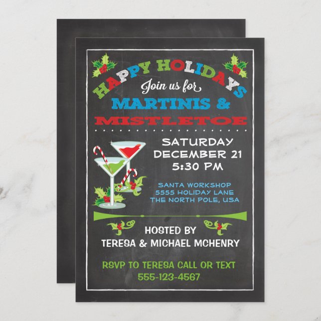 Chalkboard Christmas Mistletoe and Martinis PARTY Invitation (Front/Back)
