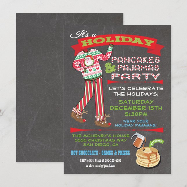 Chalkboard Christmas Pancakes & Pyjamas Party Invitation (Front/Back)