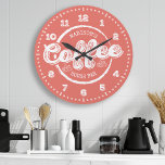 Chalkboard Coffee House Bar Monogram Custom Colour<br><div class="desc">Chalkboard Coffee House Bar Monogram Custom Colour Large Clock. Personalised custom name kitchen wall clock in trendy chalkboard style with two custom text areas you can personalise to make this your very own. Click customise further for access to the hand colour picker and choose your own colour! Would look fantastic...</div>