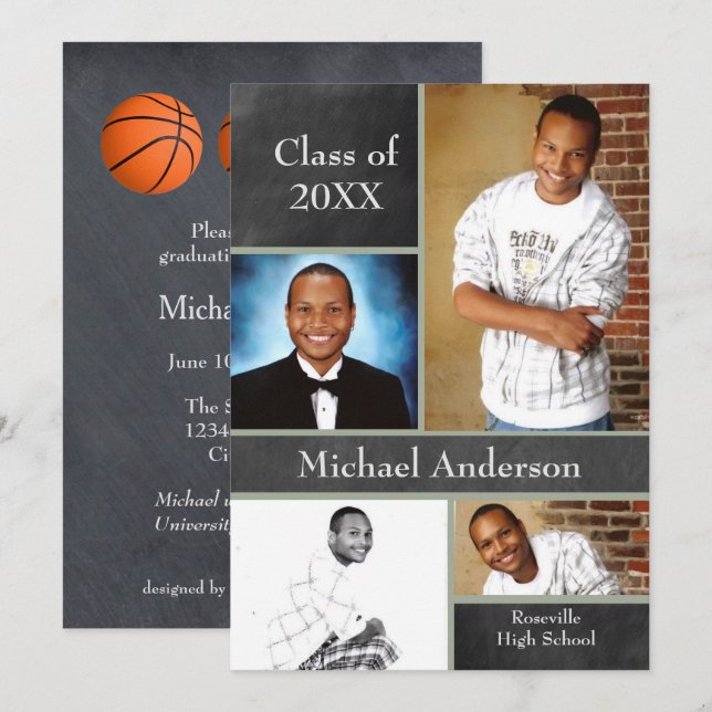 Chalkboard Collage Basketball - Grad Announcement (Front/Back)