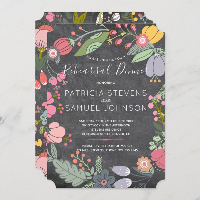 Chalkboard colourful blooms wreath rehearsal dinne invitation (Front/Back)
