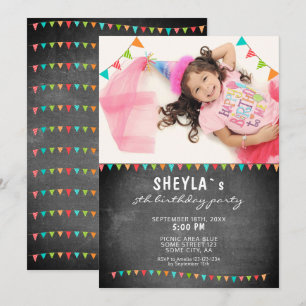 Chalkboard Colourful Bunting Flags Birthday Photo Invitation