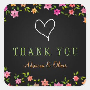 Chalkboard Colourful Flower Wreath Thank You Square Sticker