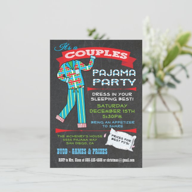 Chalkboard Couples Pajama Party Invitations (Standing Front)