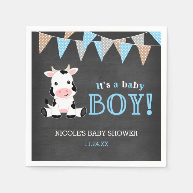Chalkboard Cow Boy Baby Shower Napkin (Front)