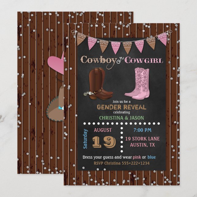 Chalkboard Cowboy or Cowgirl Western Gender Reveal Invitation (Front/Back)